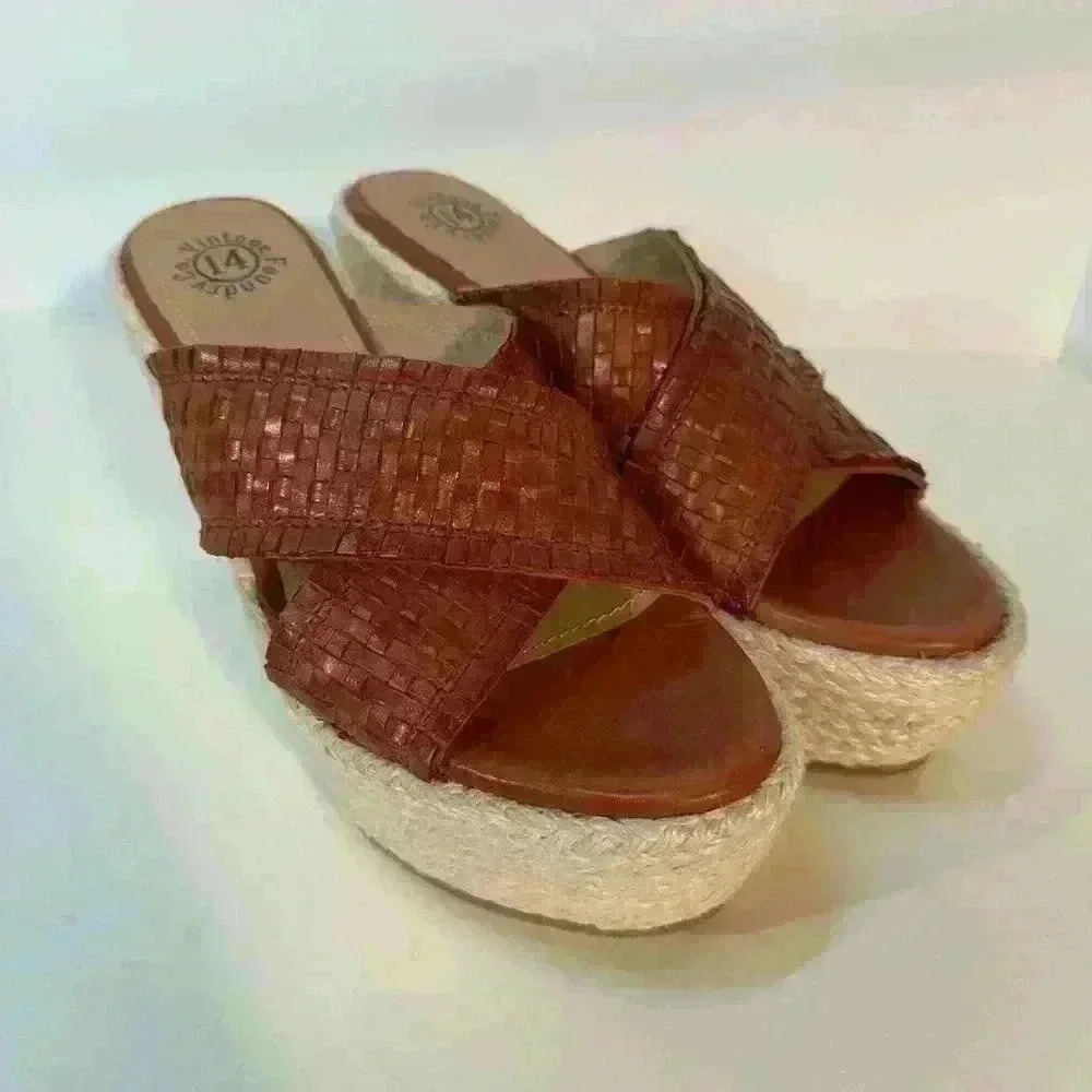 Vintage Foundry Co Lorie Espadrille Wedge Sandal Leather Style VFL254 Cognac 7.5